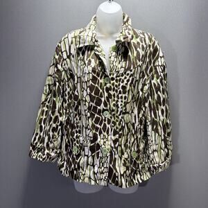 BOB MACKIE Animal Print 100% Linen Jacket Lined Button Tab Pockets Sz 16